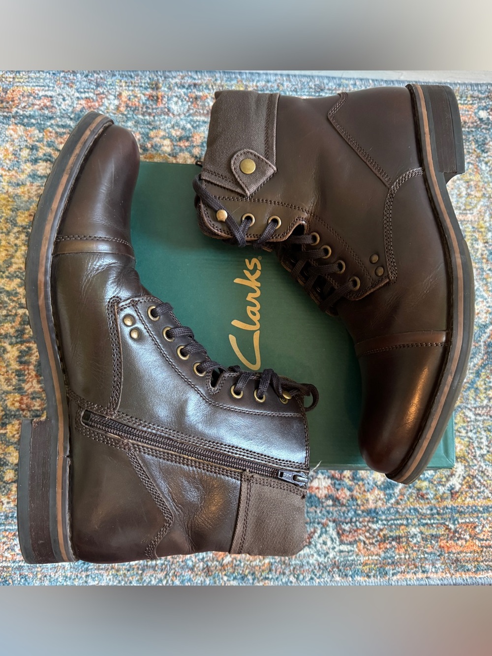 Clarks Men's Mettro Tall Brown Leather Lace-Up Zip Boots Size 12